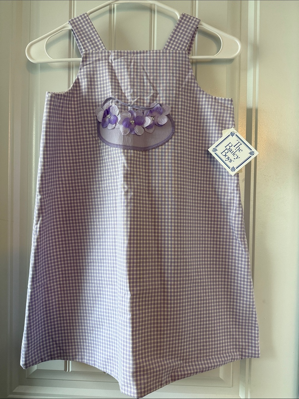 Brand New The Bailey Boys Lavender Gingham Pinafore Dress with Floral Appliqué